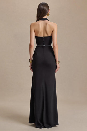 Halter Sheath V-Neck Black Tie Dress With Slit